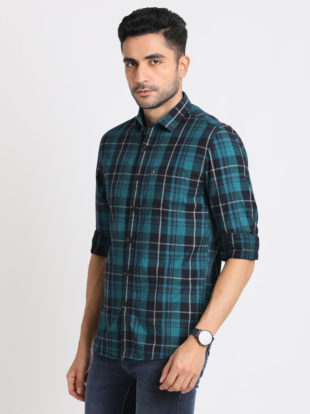 Cord Dark Blue Checkered Slim Fit Full Sleeve Casual Shirt