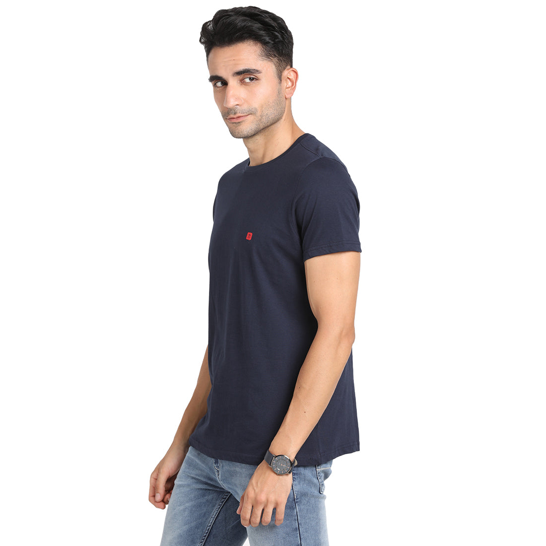 100% Cotton Navy Blue Chest Printed Round Neck Half Sleeve Casual Essential T-Shirt