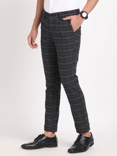 Cotton Stretch Grey Checkered Narrow Fit Flat Front Casual Trouser