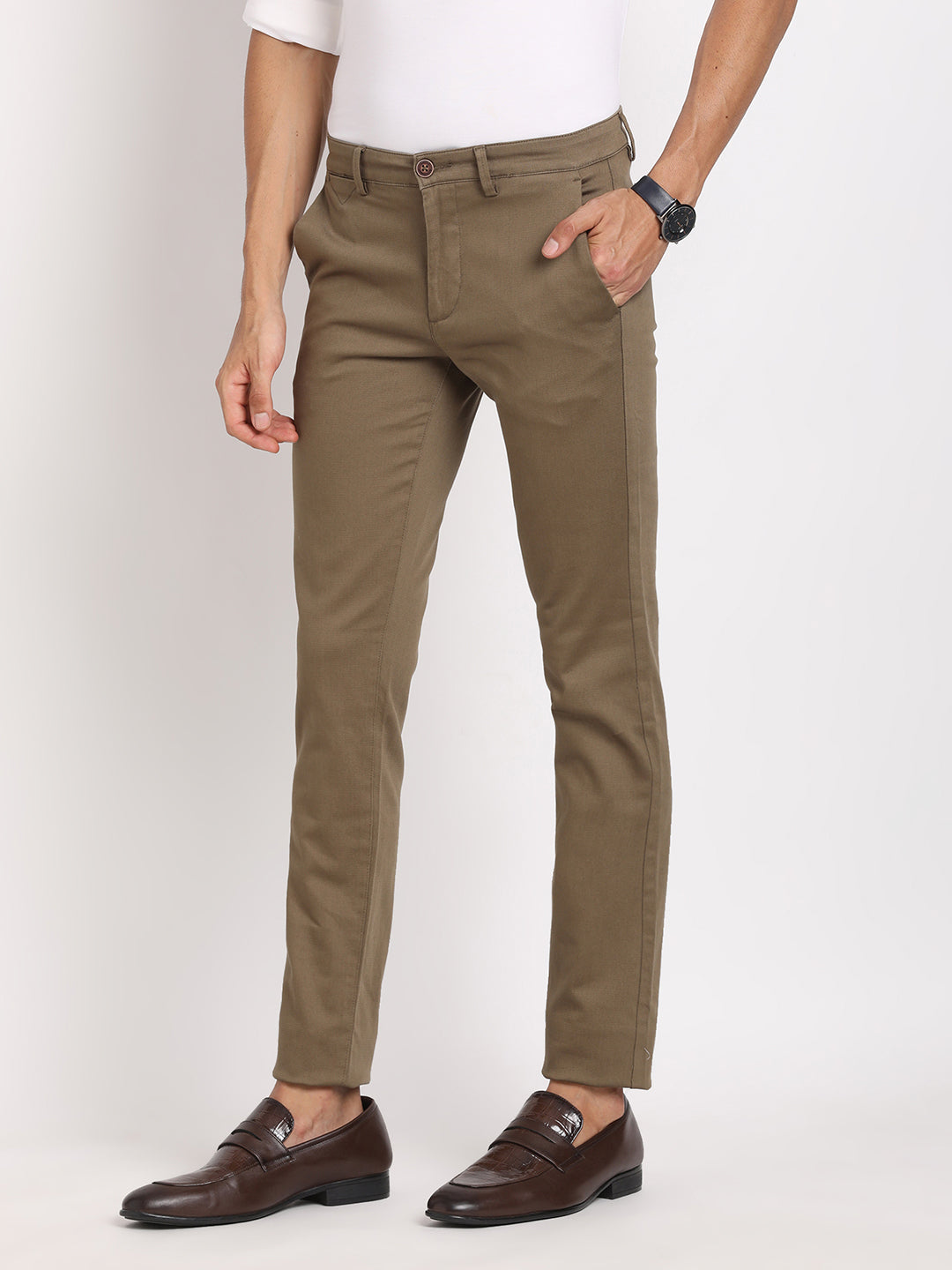 Cotton Stretch Khaki Dobby Ultra Slim Fit Flat Front Casual Trouser