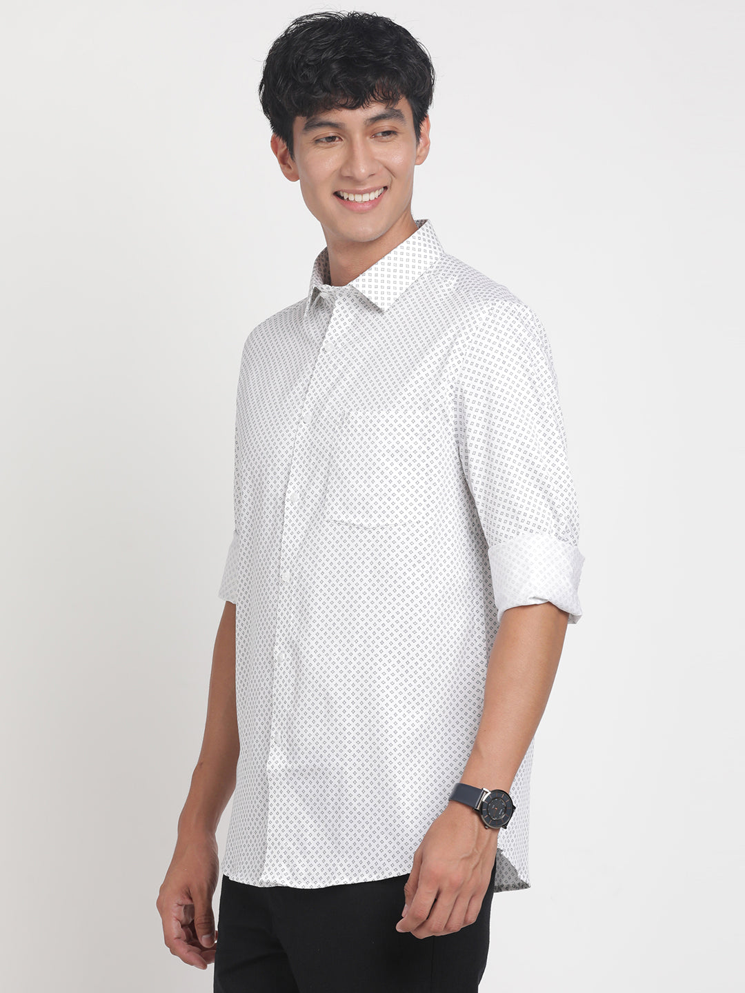 100% Cotton Off White Printed Slim Fit Full Sleeve Formal Shirt