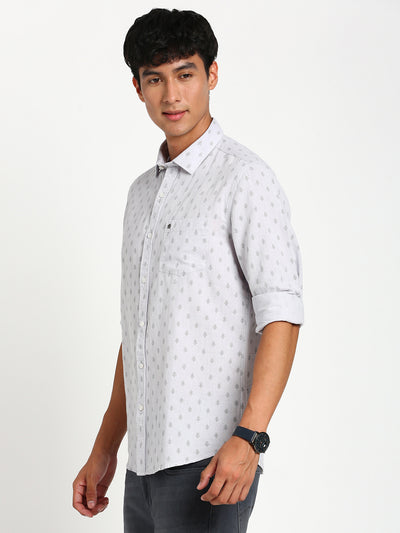 Cotton Linen Grey Printed Slim Fit Full Sleeve Casual Shirt