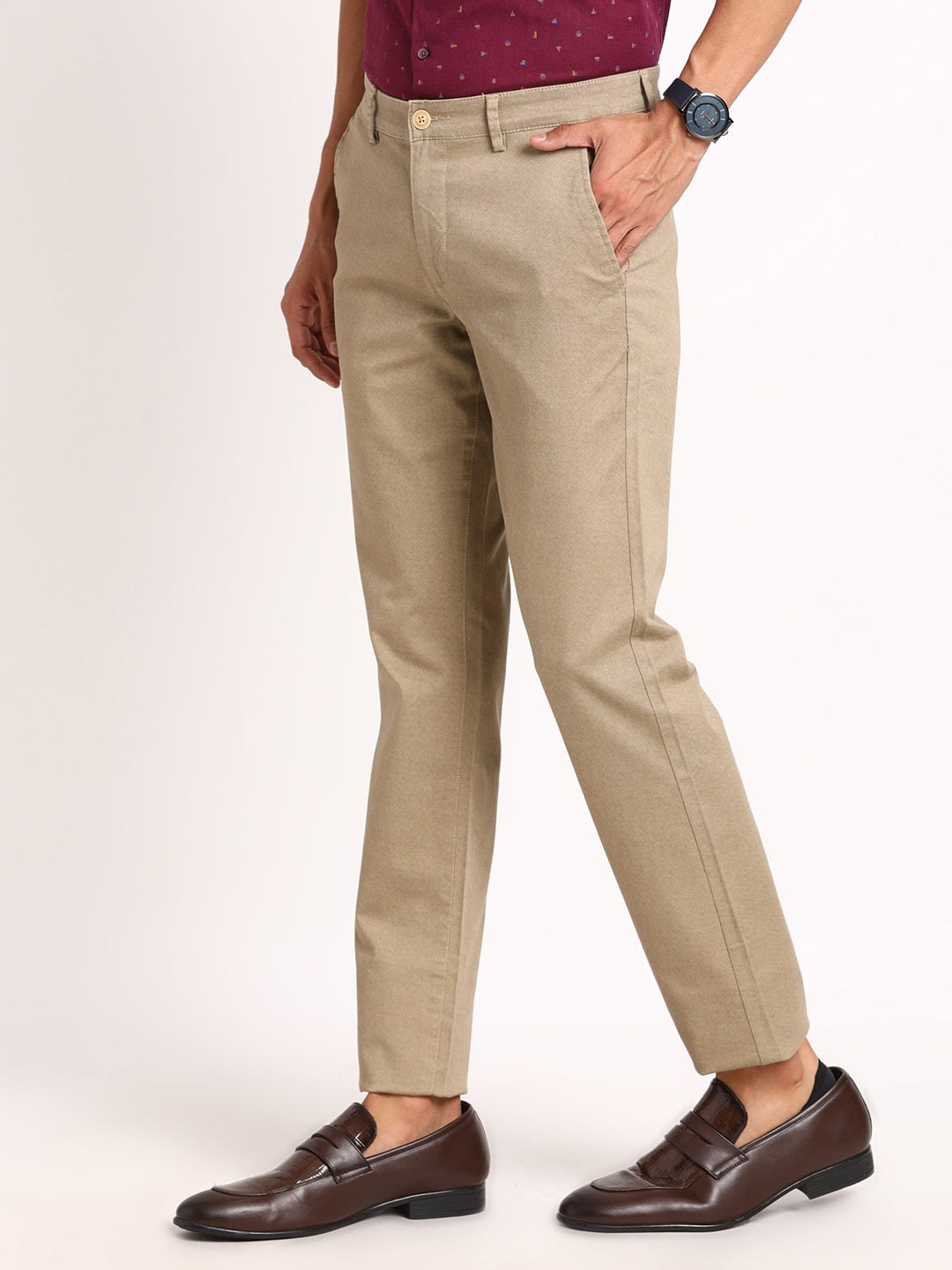 Cotton Stretch Beige Dobby Ultra Slim Fit Flat Front Casual Trouser