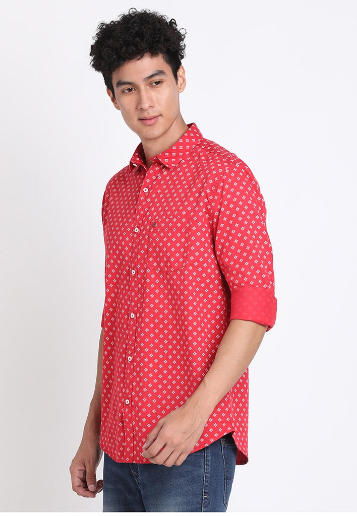 100% Cotton Red Printed Slim Fit Full Sleeve Casual Shirt