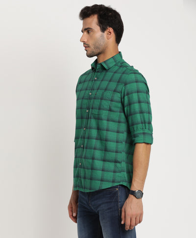 100% Cotton Green Checkered Slim Fit Full Sleeve Casual Shirt