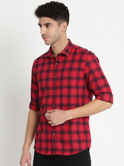 100% Cotton Red Checkered Slim Fit Full Sleeve Casual Shirt