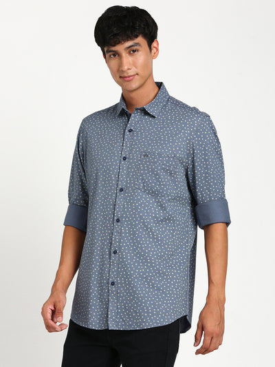 Cotton Tencel Blue Printed Slim Fit Full Sleeve Casual Shirt