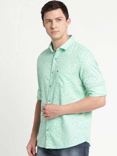 100% Cotton Light Green Printed Slim Fit Full Sleeve Casual Shirt