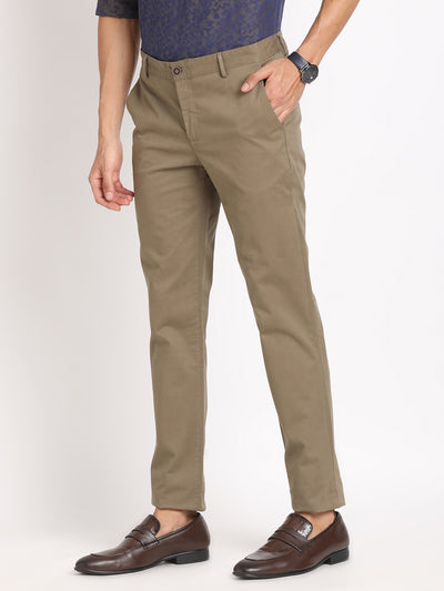 Cotton Stretch Brown Plain Ultra Slim Fit Flat Front Casual Trouser