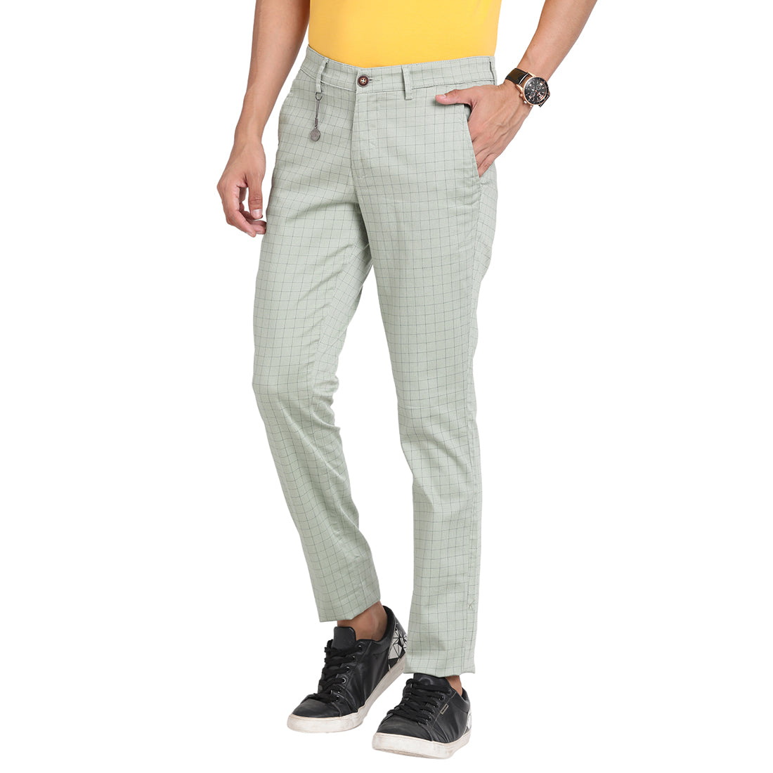 Turtle Men Off White Narrow Fit Checked Casual Trousers