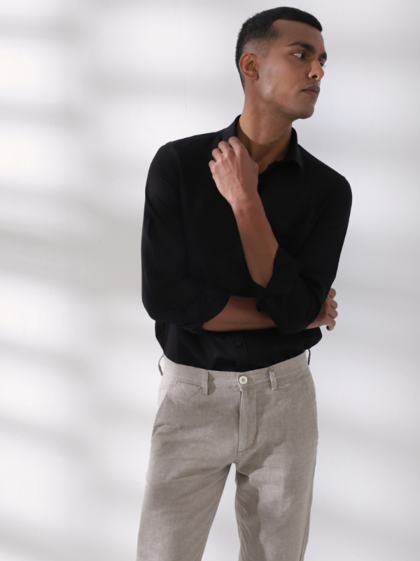 Cotton Linen Black Plain Full Sleeve Formal Shirt