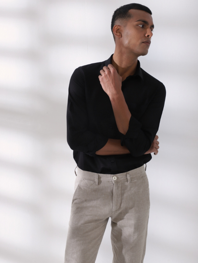 Cotton Linen Black Plain Full Sleeve Formal Shirt