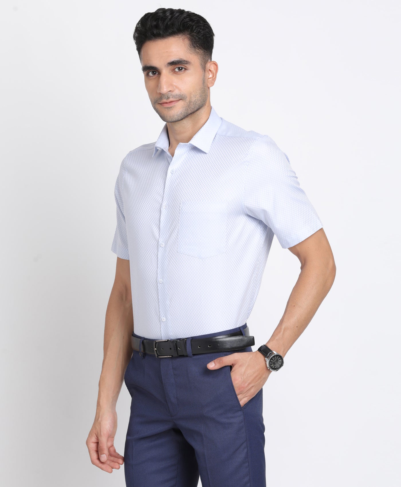 Giza Cotton Sky Blue Dobby Regular Fit Half Sleeve Formal Shirt