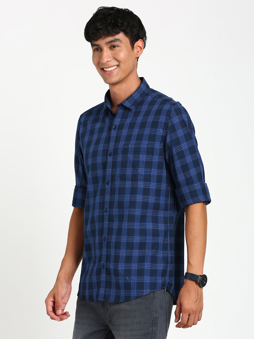 100% Cotton Navy Blue Checkered Slim Fit Full Sleeve Casual Shirt