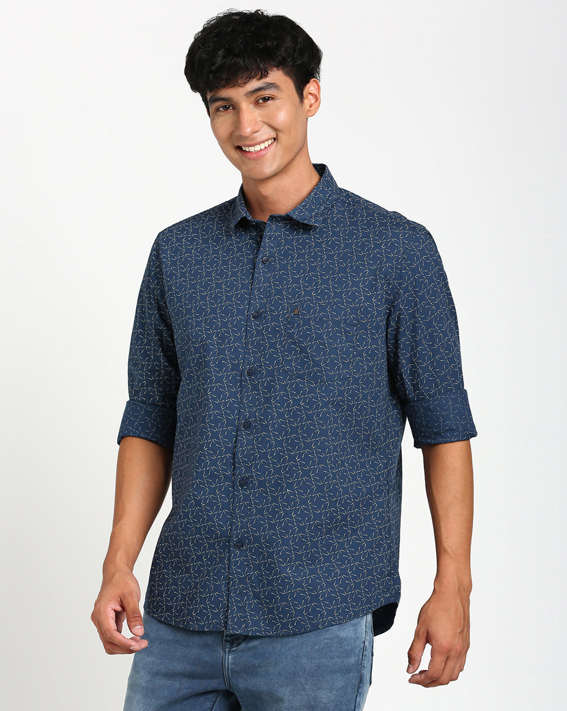 100% Cotton Navy Blue Printed Slim Fit Full Sleeve Casual Shirt