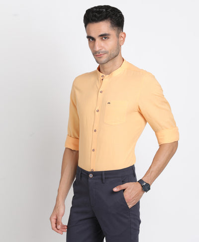 Cotton Linen Yellow Plain Slim Fit Mandarin Collar Casual Shirt