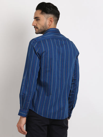 100% Cotton Blue Striped Slim Fit Full Sleeve Casual Shirt