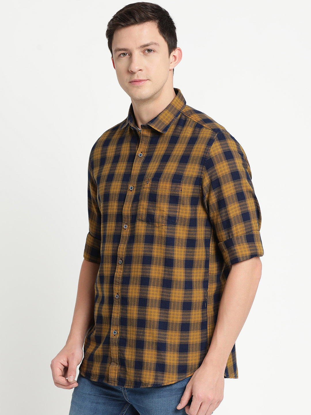 100% Cotton Indigo Mustard Checkered Slim Fit Full Sleeve Casual Shirt