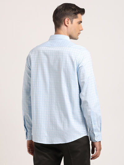 Giza Cotton Light Blue Checkered Slim Fit Full Sleeve Formal Shirt