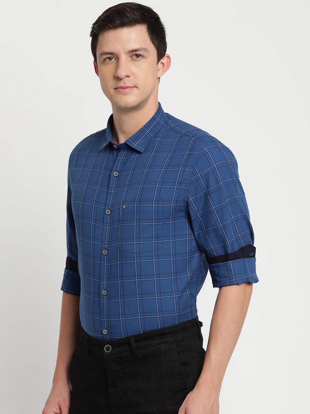 100% Cotton Blue Checkered Slim Fit Full Sleeve Casual Shirt