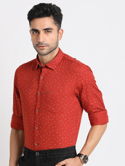 Cotton Stretch Red Printed Slim Fit Full Sleeve Casual Shirt