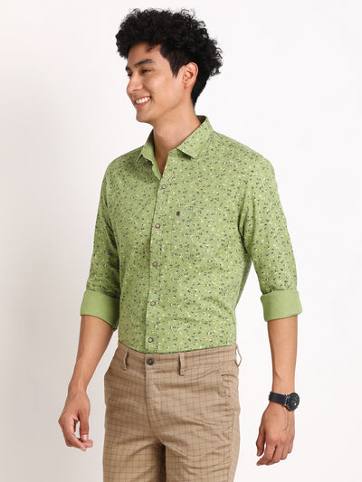 100% Cotton Light Green Printed Slim Fit Full Sleeve Casual Shirt