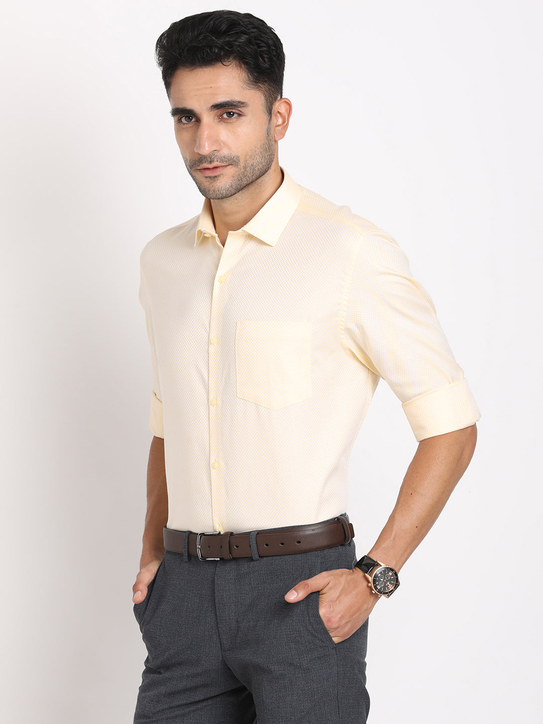 100% Cotton Beige Dobby Regular Fit Full Sleeve Formal Shirt