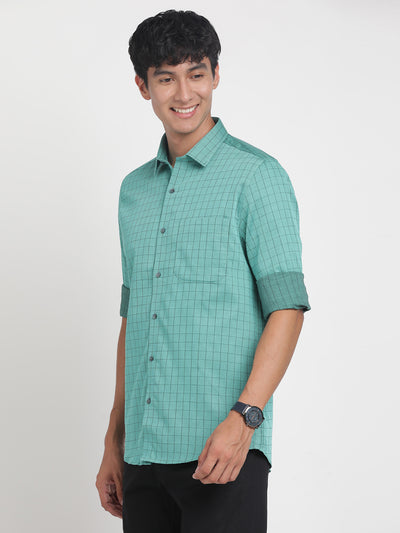 100% Cotton Green Checkered Slim Fit Full Sleeve Formal Shirt