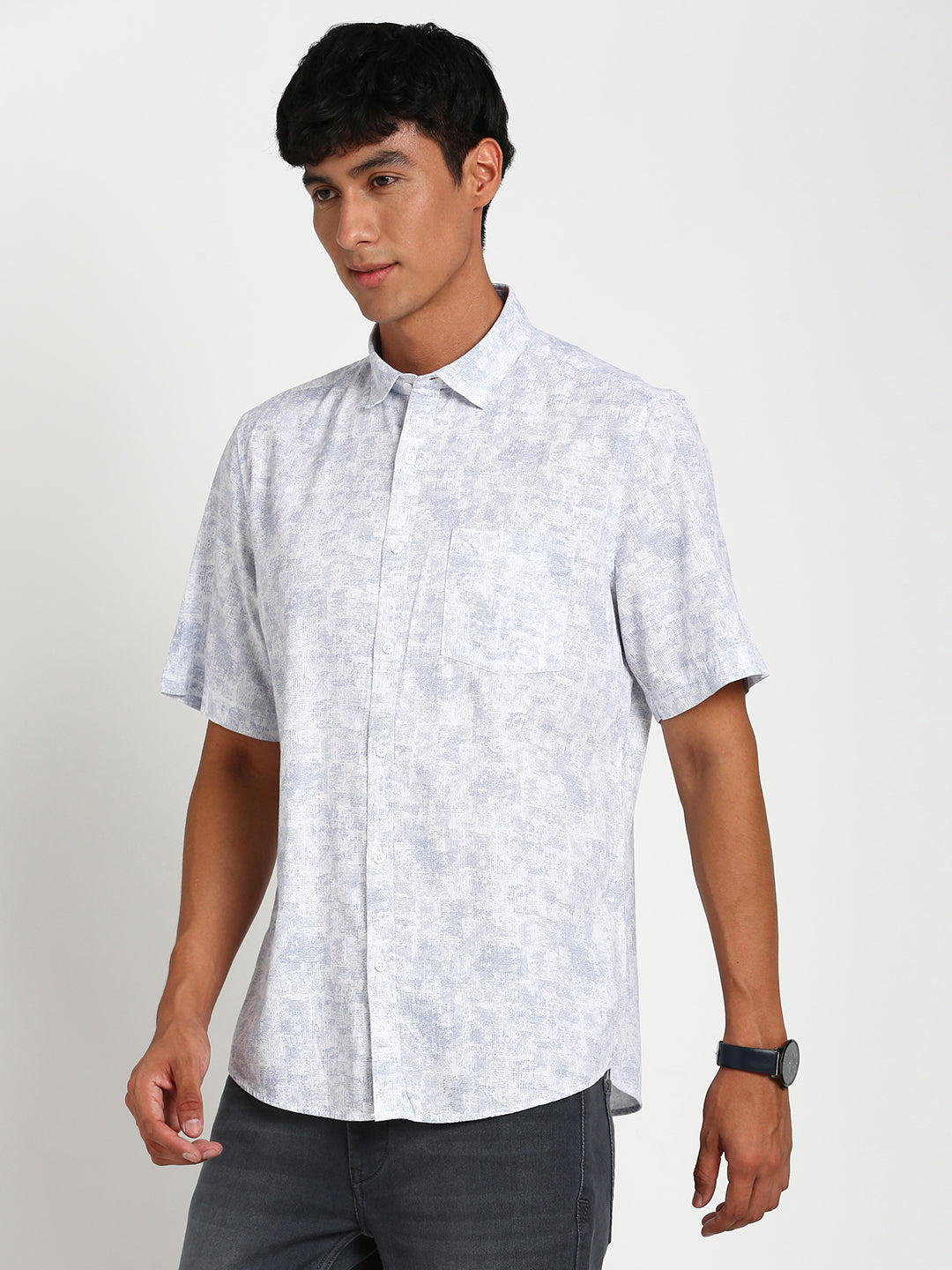 Cotton Tencel White Printed Slim Fit Half Sleeve Casual Shirt