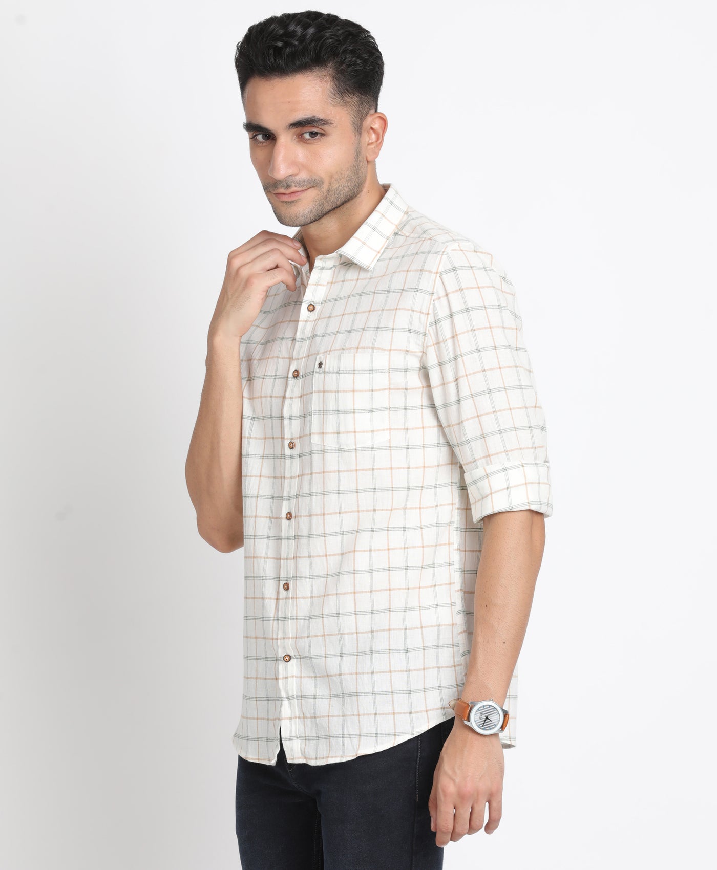 Khadi Beige Checkered Slim Fit Full Sleeve Casual Shirt