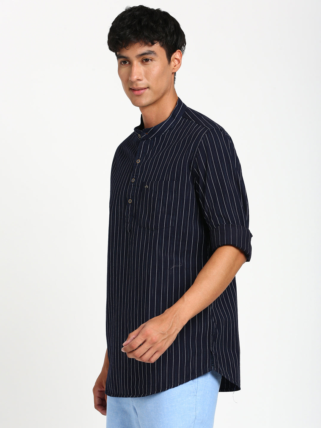 100% Cotton Navy Blue Striped Kurta Full Sleeve Casual Shirt