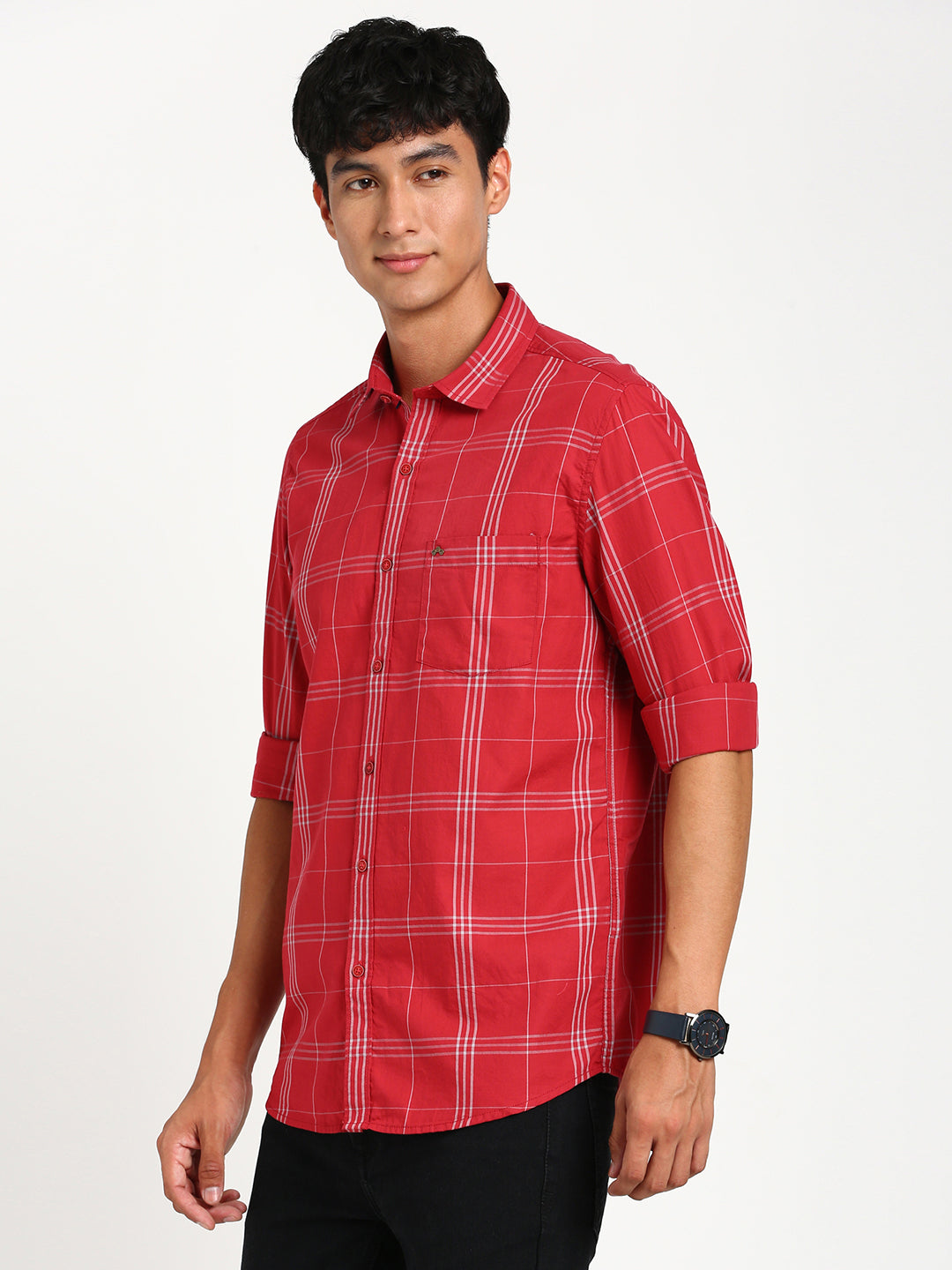 100% Cotton Red Checkered Slim Fit Full Sleeve Casual Shirt