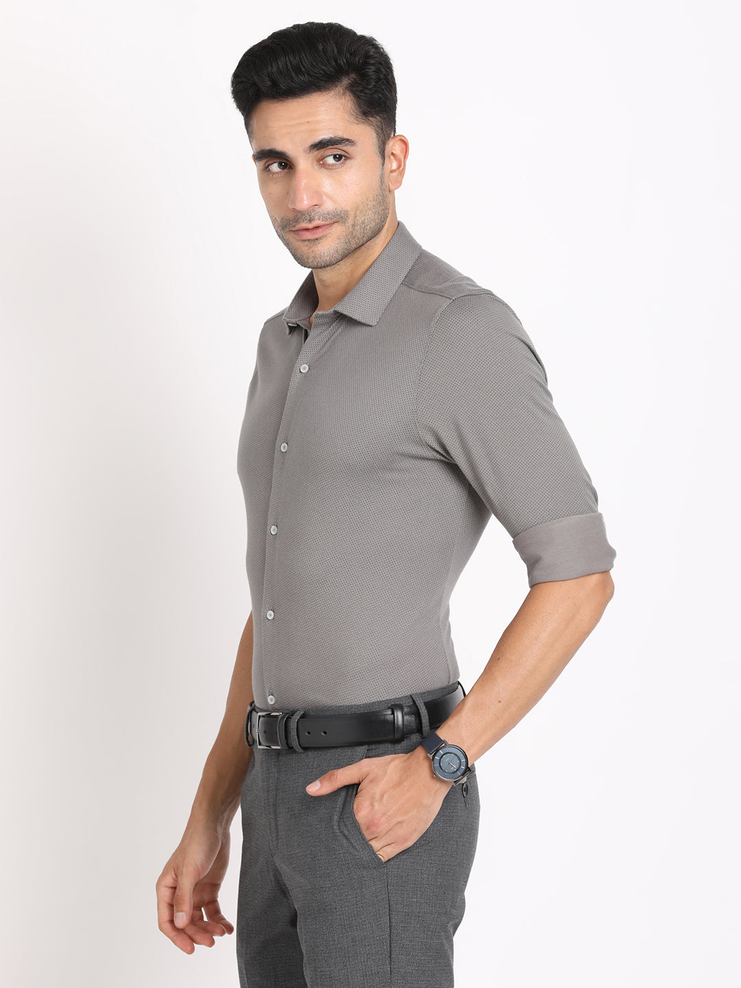 Cotton Grey Printed Slim Fit Full Sleeve Formal Shirt