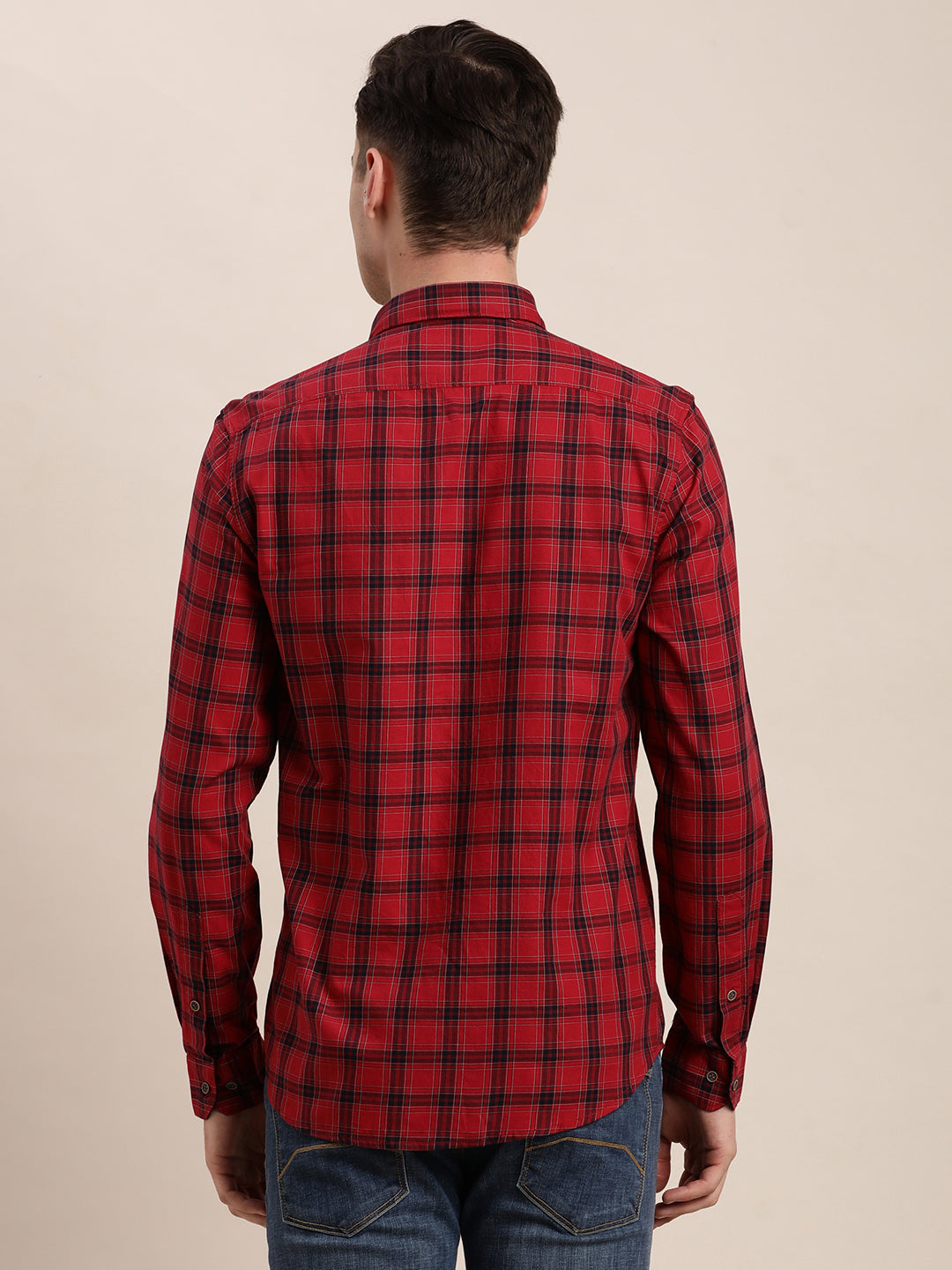 100% Cotton Red Checkered Slim Fit Full Sleeve Casual Shirt