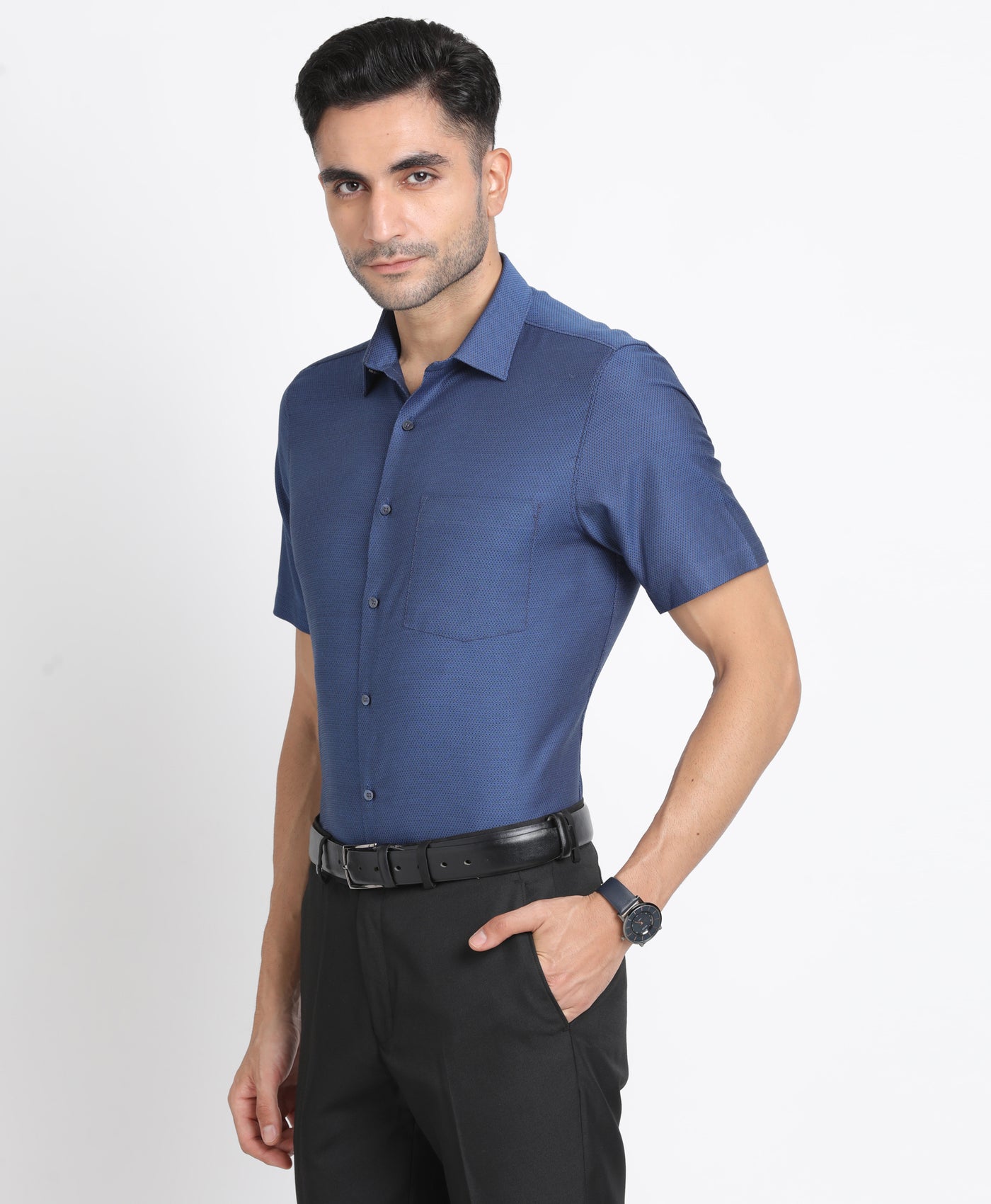 100% Cotton Blue Dobby Slim Fit Half Sleeve Formal Shirt