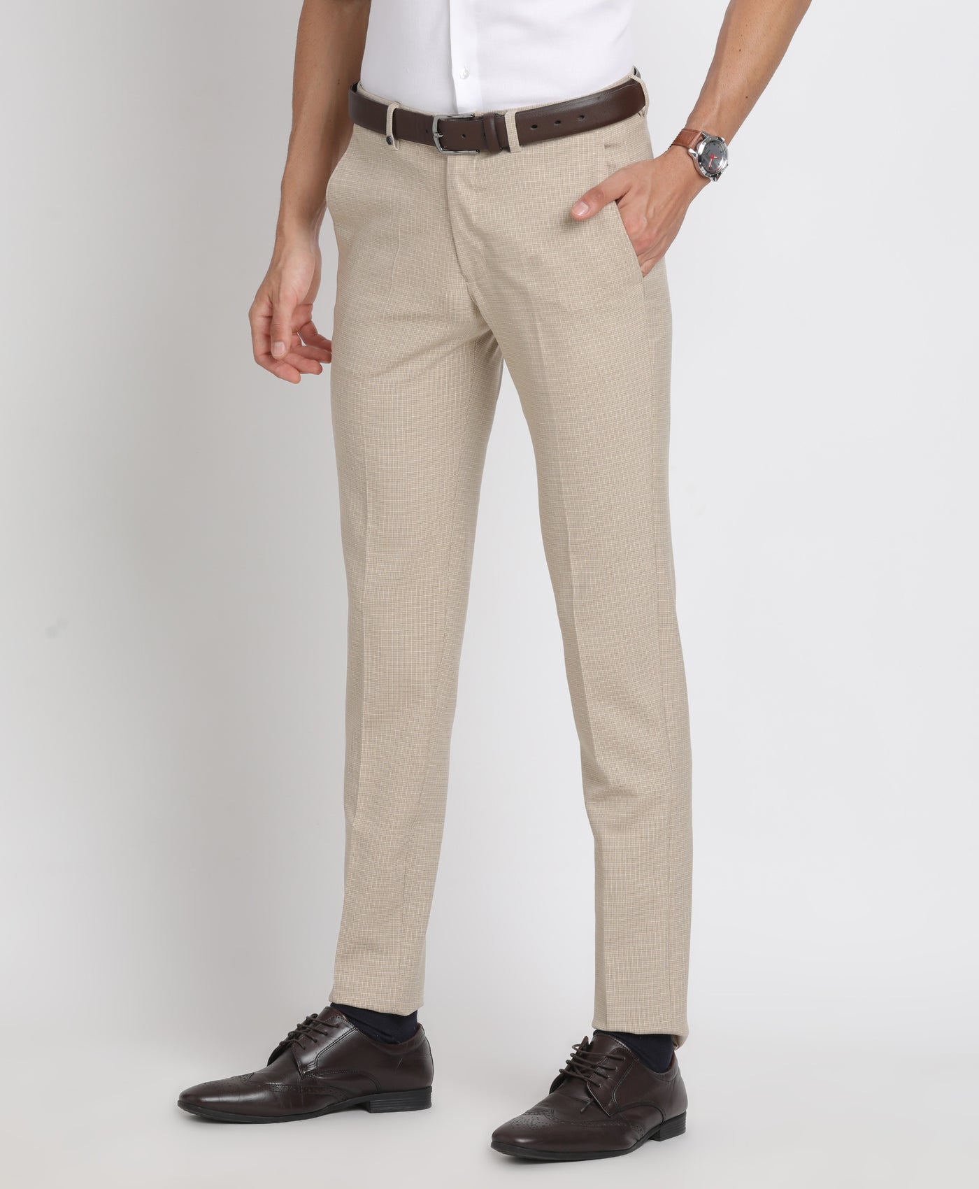 Cotton Stretch Beige Checkered Ultra Slim Fit Flat Front Formal Trouser