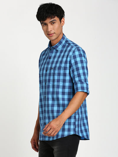 100% Cotton Blue Checkered Slim Fit Full Sleeve Casual Shirt