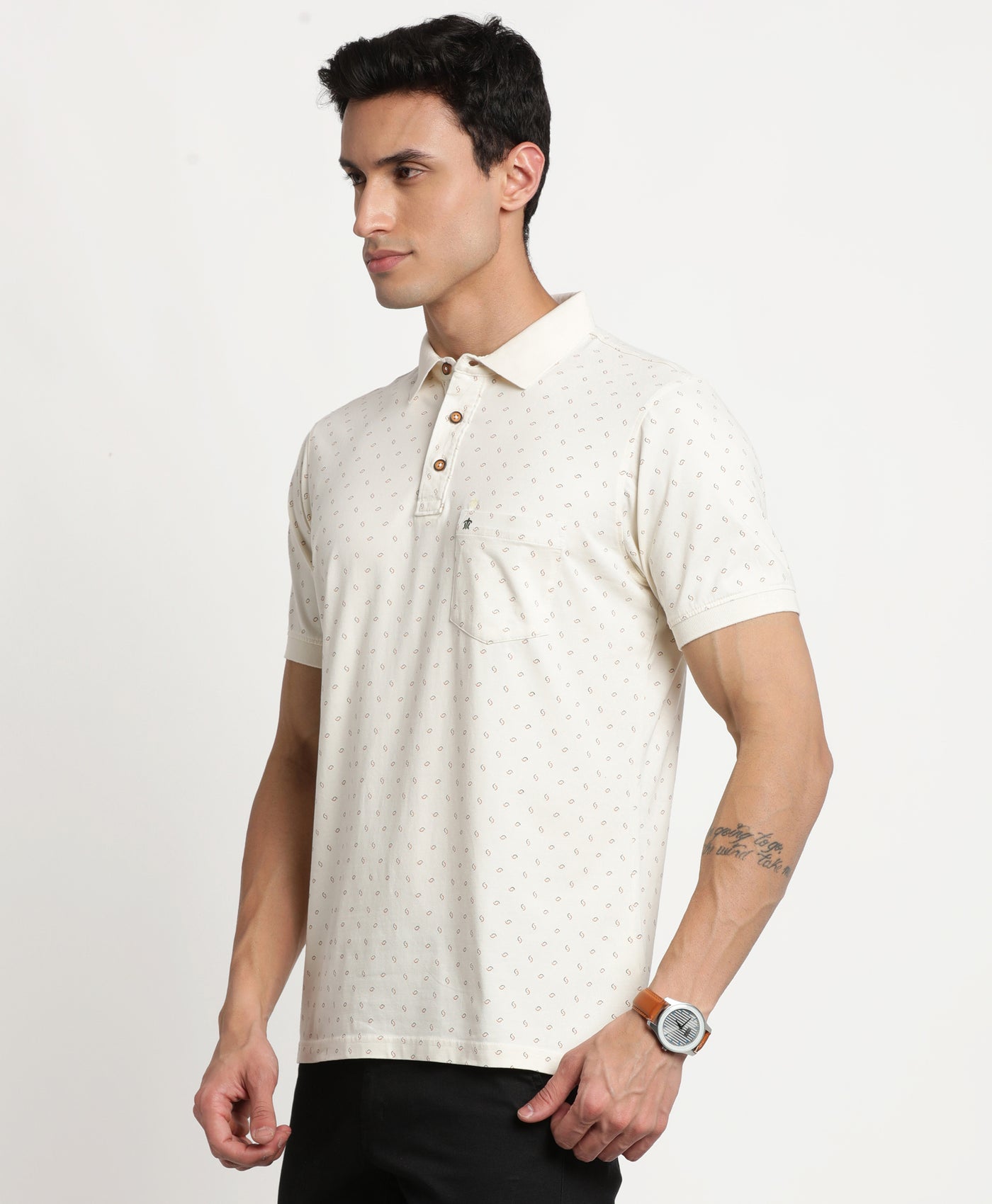 100% Cotton Cream Printed Polo Neck Half Sleeve Casual T-Shirt