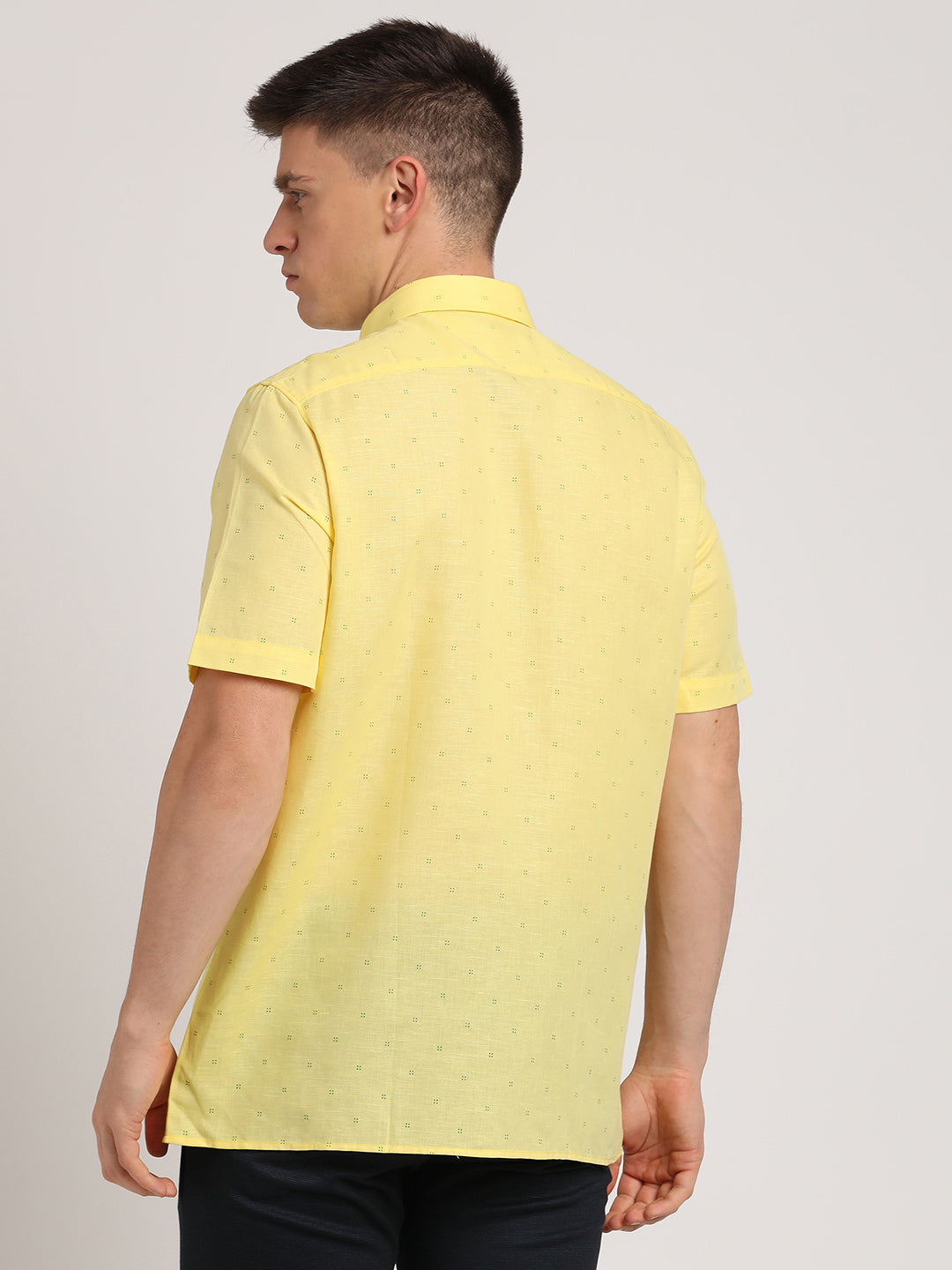 Cotton Linen Lemon Yellow Printed Regular Fit Half Sleeve Formal Shirt