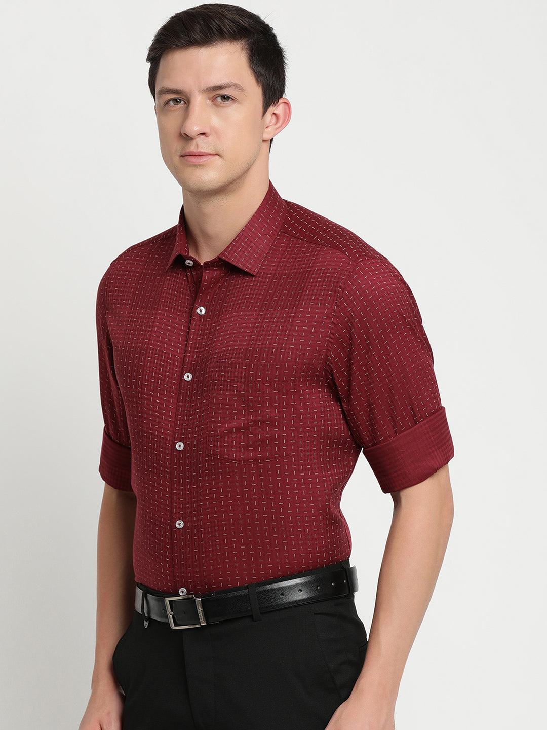 Cotton Tencel Maroon Printed Slim Fit Full Sleeve Formal Shirt