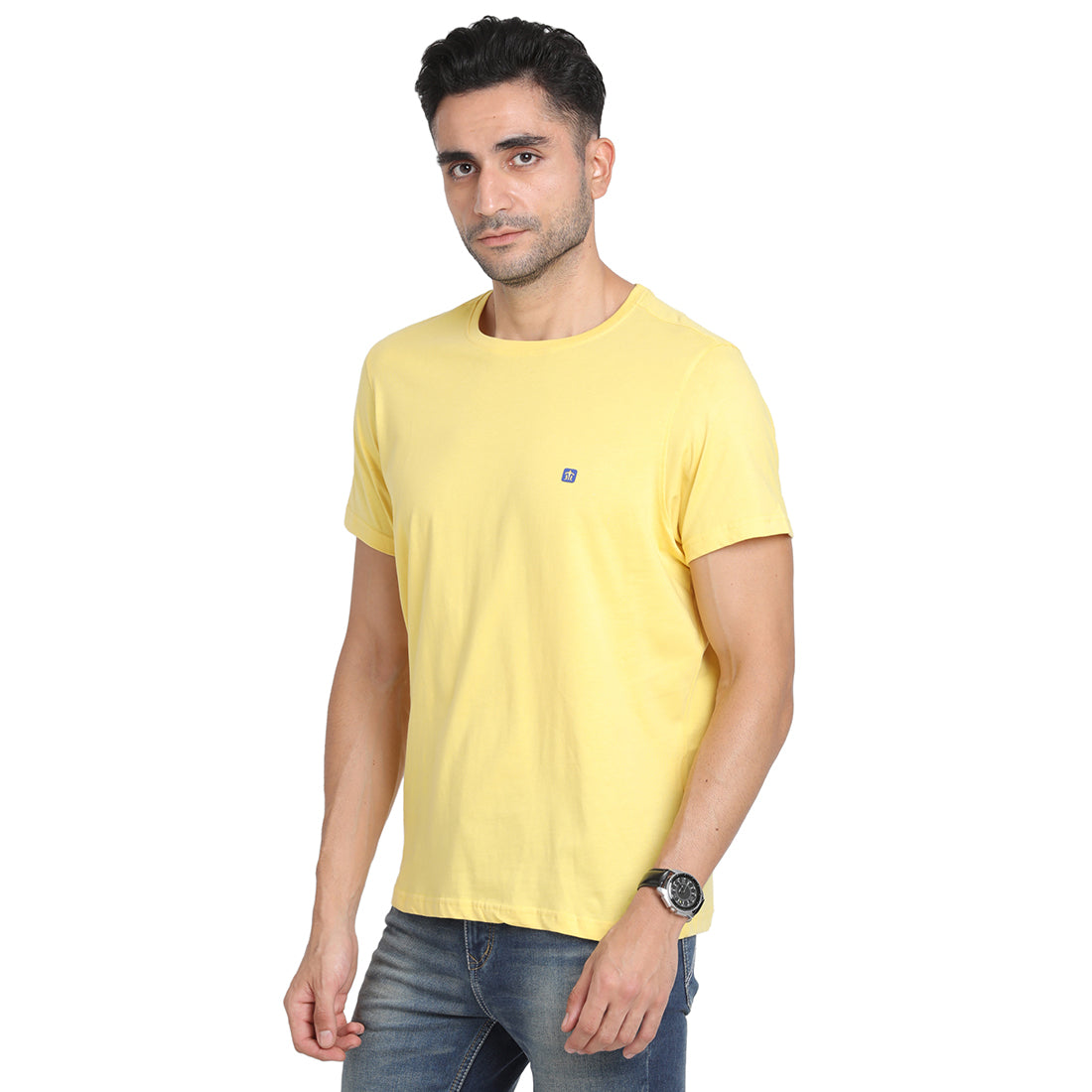 100% Cotton Yellow Chest Printed Round Neck Half Sleeve Casual Essential T-Shirt