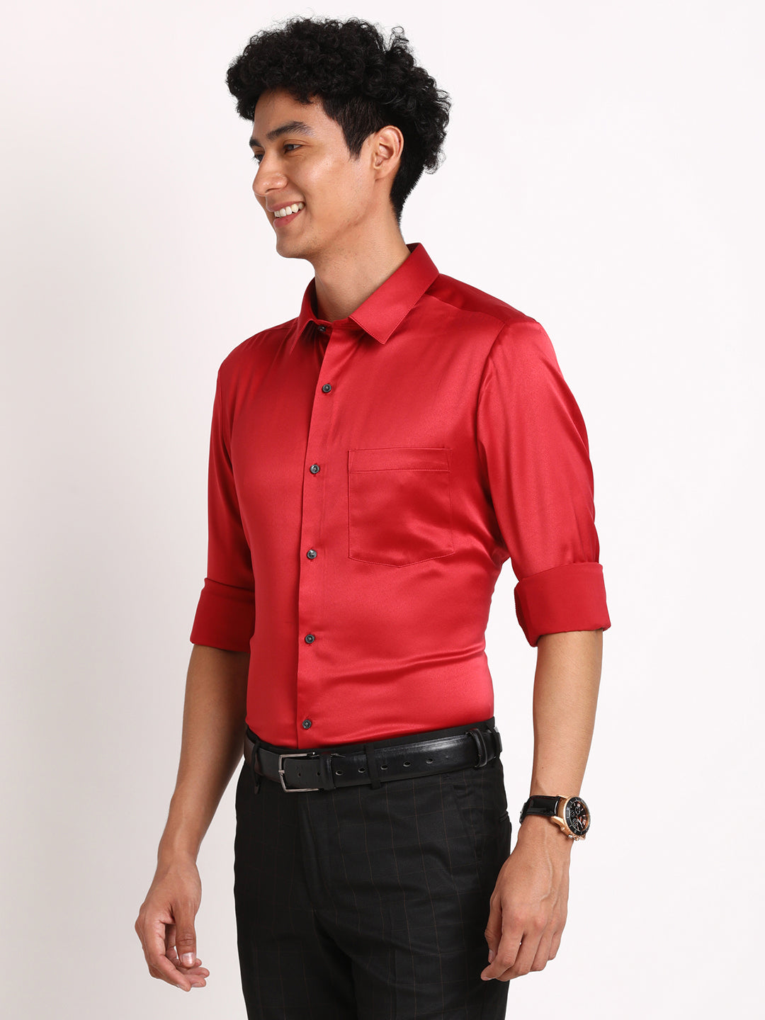 Poly Satin Red Plain Regular Fit Full Sleeve Ceremonial Shirt