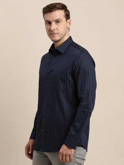 100% Cotton Navy Blue Striped Slim Fit Full Sleeve Formal Shirt