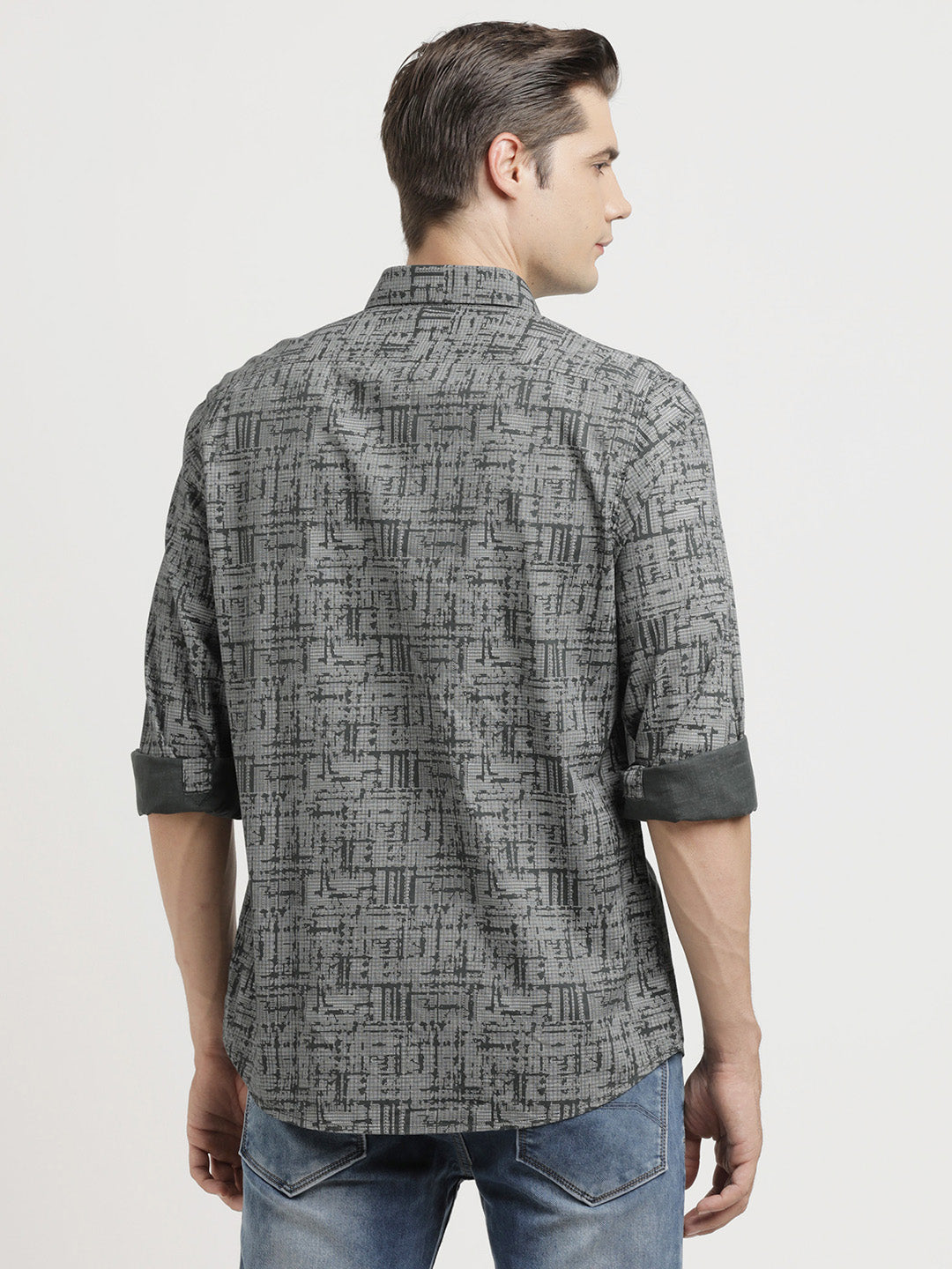 100% Cotton Grey Printed Slim Fit Full Sleeve Casual Shirt