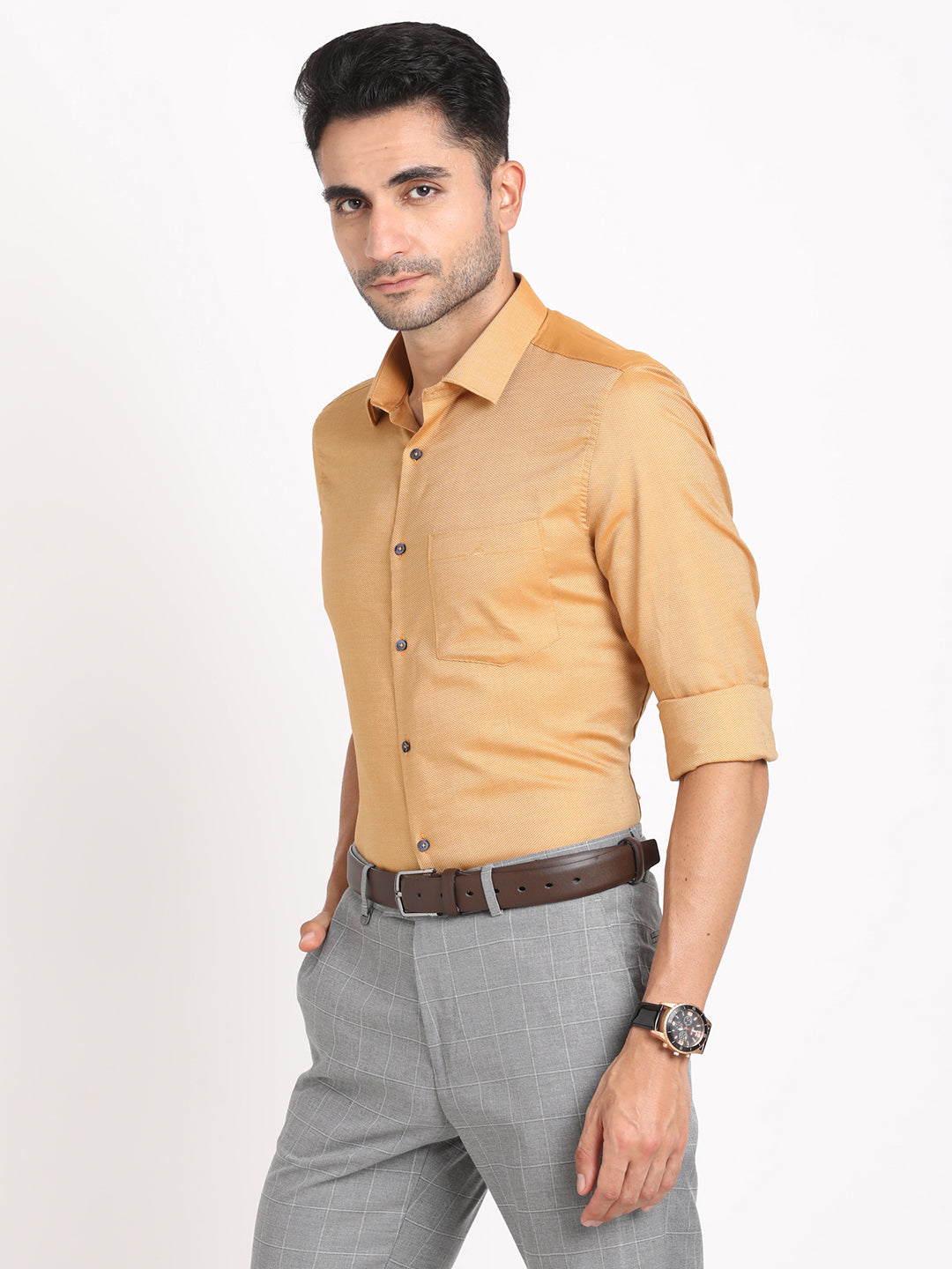 100% Cotton Mustard Dobby Slim Fit Full Sleeve Formal Shirt