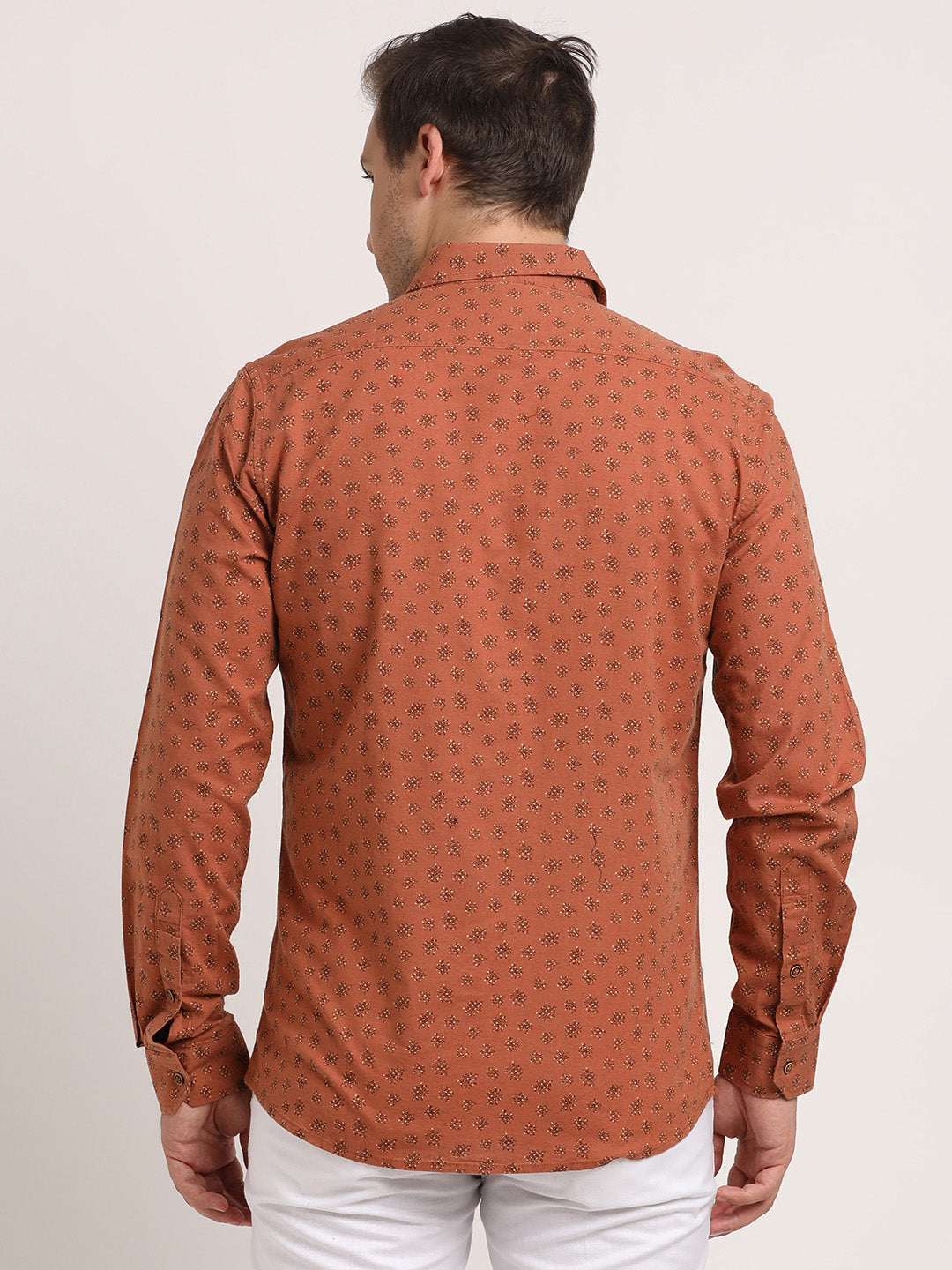 Cotton Linen Orange Printed Slim Fit Full Sleeve Casual Shirt