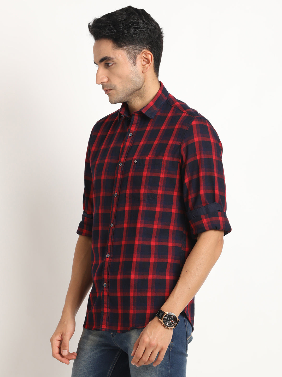 100% Cotton Indigo Navy Blue Checkered Slim Fit Full Sleeve Casual Shirt