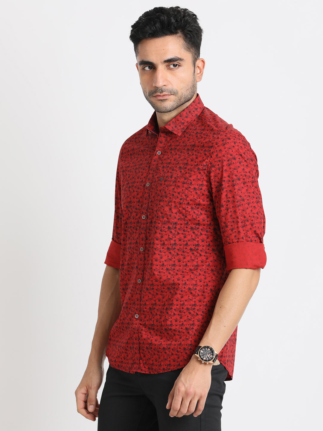 100% Cotton Red Printed Slim Fit Full Sleeve Casual Shirt