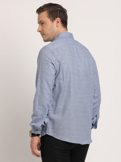 Cotton Melange Light Blue Printed Slim Fit Full Sleeve Formal Shirt