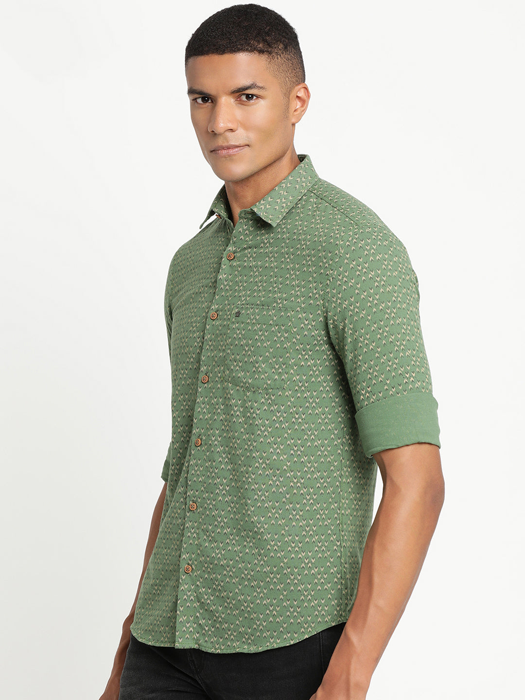 Khadi Dark Green Printed Slim Fit Full Sleeve Casual Shirt